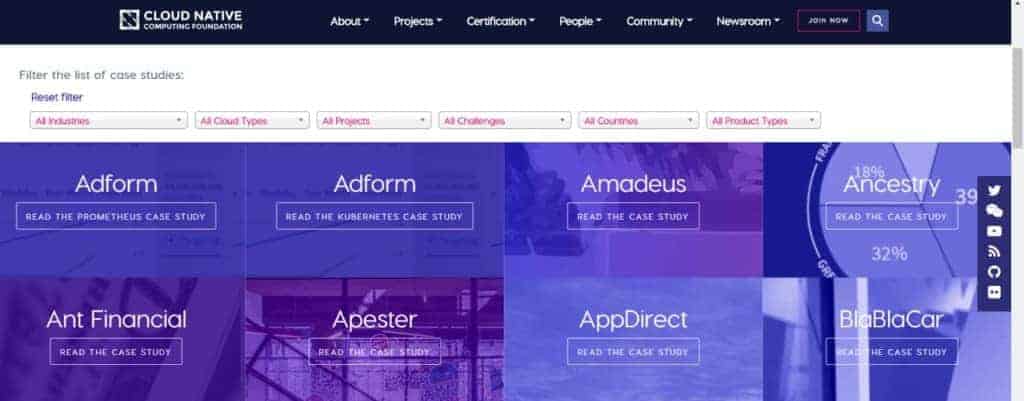 Screenshot of CNCF page showing end user case studies with industry, cloud types, projects, challenges, countries and product types filter