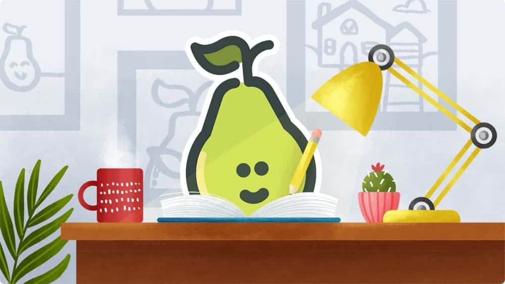 Pear Deck icon working with a book, table lamp and a cup of coffee