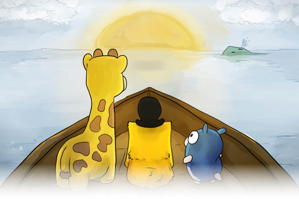 Phippy, Captain Kube and Goldie sailing happily together across the ocean with whale shark from distance