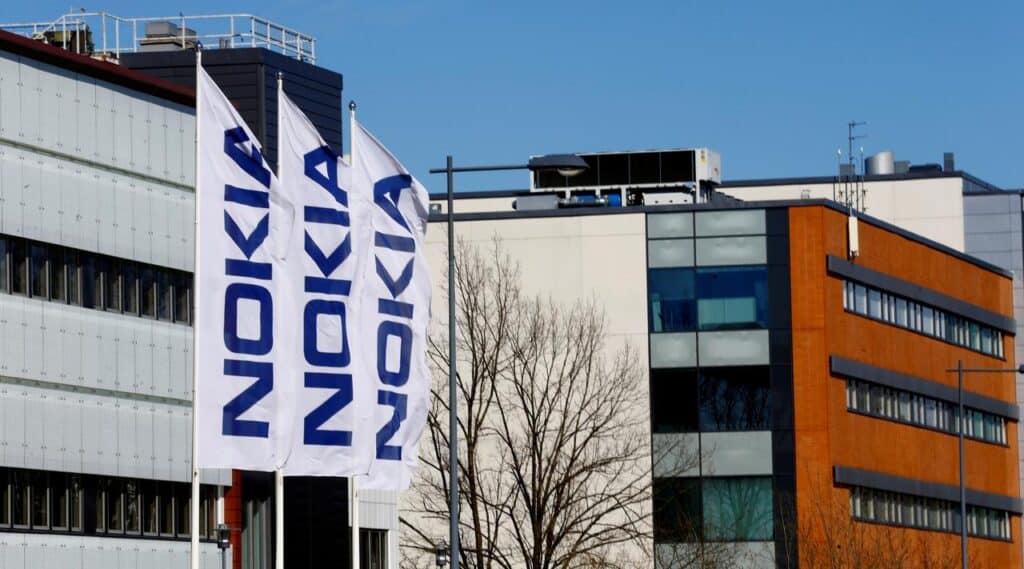 Nokia flags waving outside building