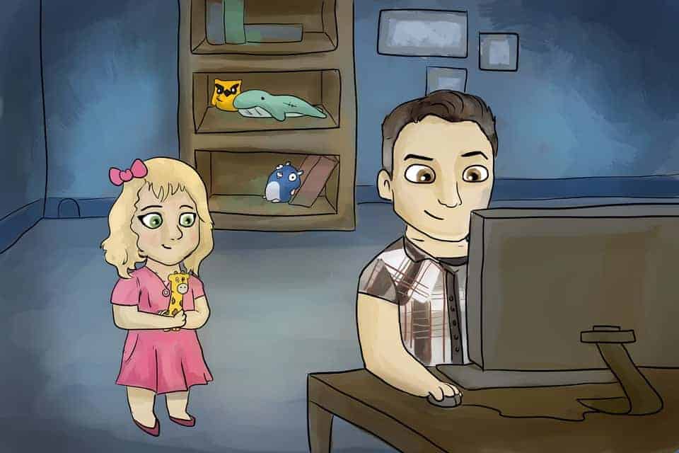A little girl holding Phippy looking at her father working with a computer