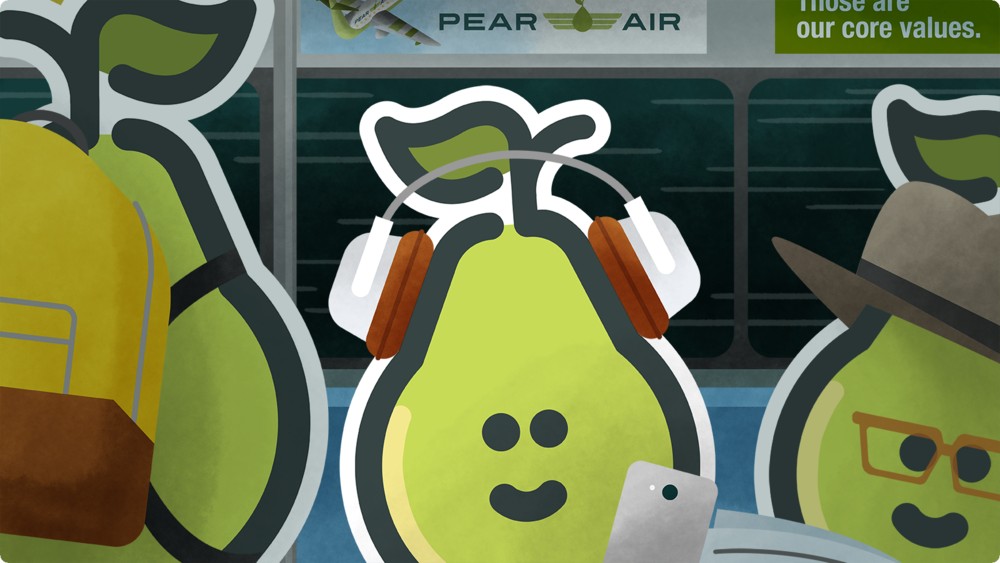 Pear Deck icon wearing bagpack, headphone and spectacles with hat