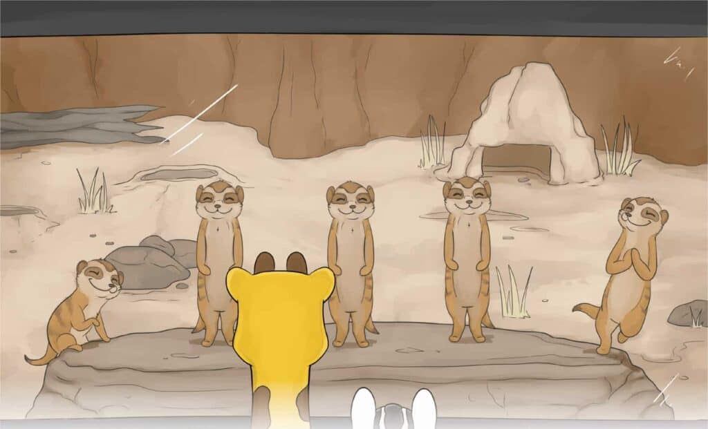 Phippy and Zee looking at a line of happy little meerkat faces through a large glass enclosure
