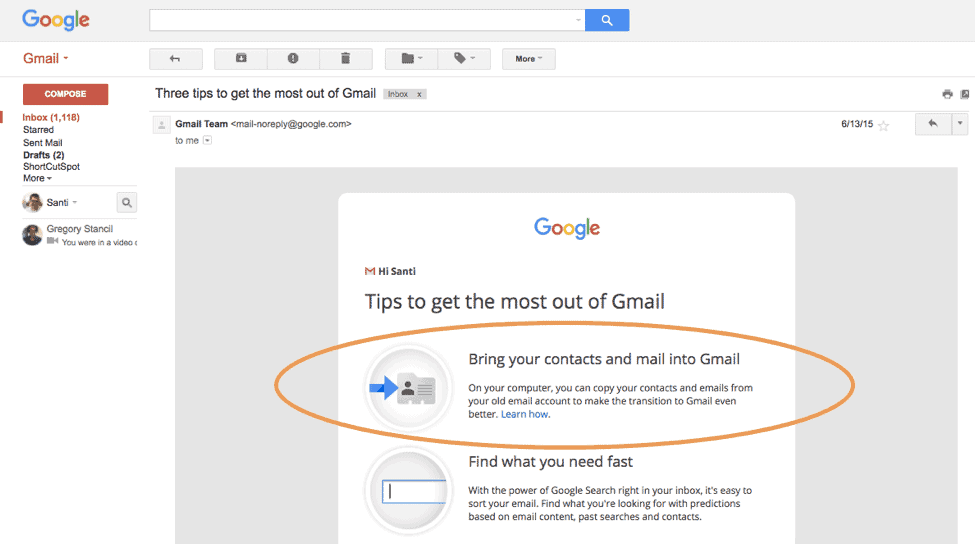 Screenshot showing Gmail message about Three tips to get the most out of Gmail, with bring your contacts and mail into Gmail being highlighted