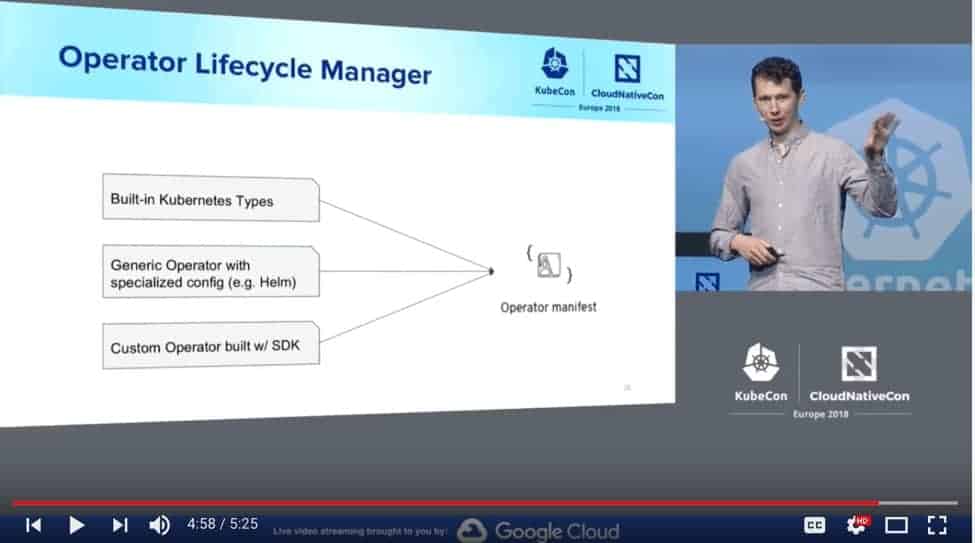 Screenshot of  video showing Brandon Philips speaks at KubeCon + CloudNativeCon Europe 2018 about "Operator Lifecycle Manager"