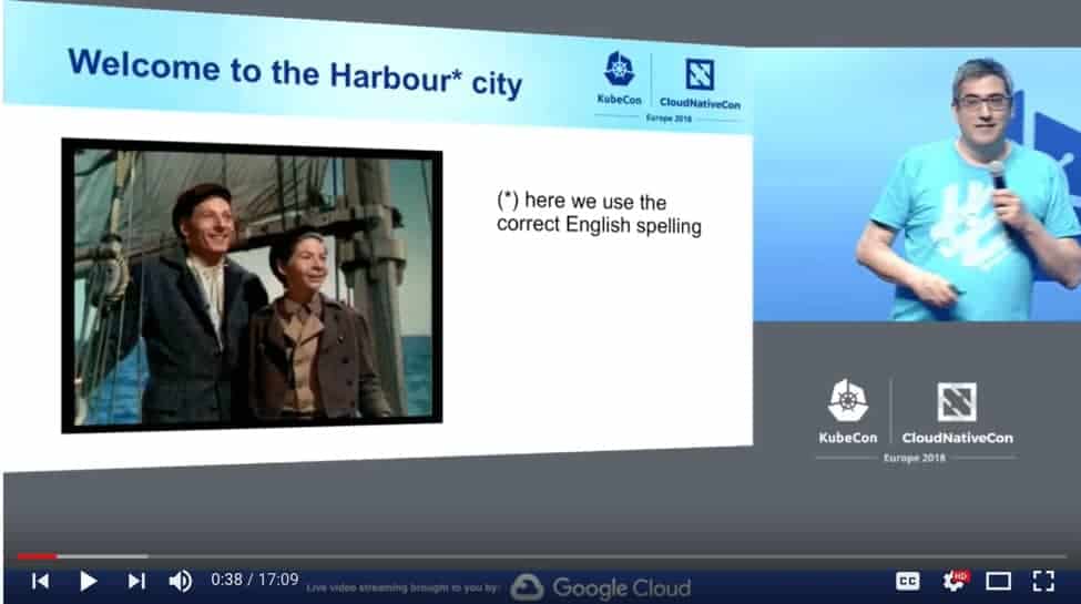 Screenshot of  video showing Alexis Richardson speaks at KubeCon + CloudNativeCon Europe 2018