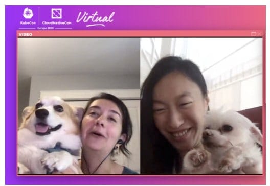 Screenshot of Constance Caramanolis and Vicki Cheung video call on KubeCon + CloudNativeCon virtual, with their dogs!