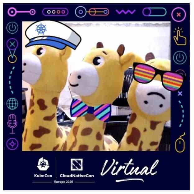 Three captain Phippy with sailor hat, bow tie and sunglasses in KubeCon + CloudNativeCon Virtual Europe 2020 frame