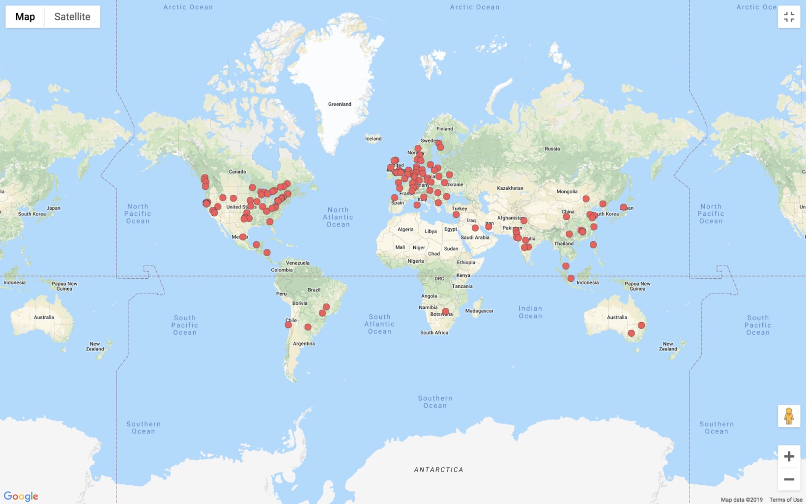 Map showing countries of CNCF meetup group