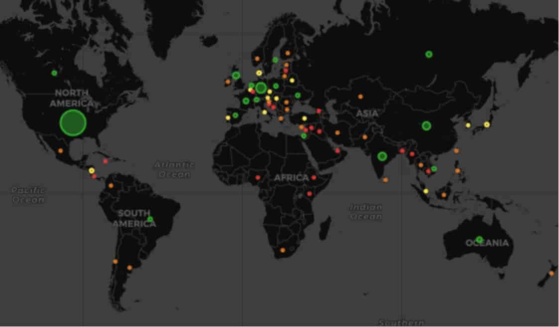 Map of project contributors by country since project launch (Q1 2016-Q1 2020)