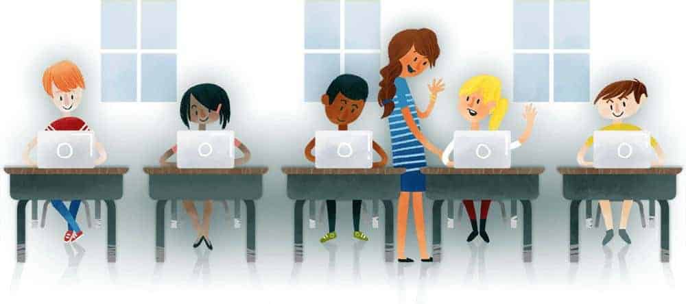 Illustration of boys and girls in a class studying with laptop and a teacher assisted a girl with question