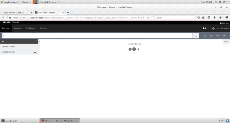 Screenshot of OpenShift Origin searching to access Kibana