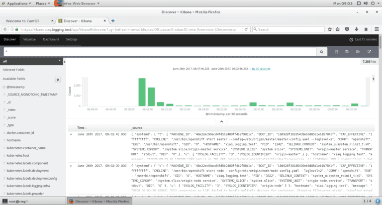 Screenshot of Discover Kibana logging test on OpenShift Origin