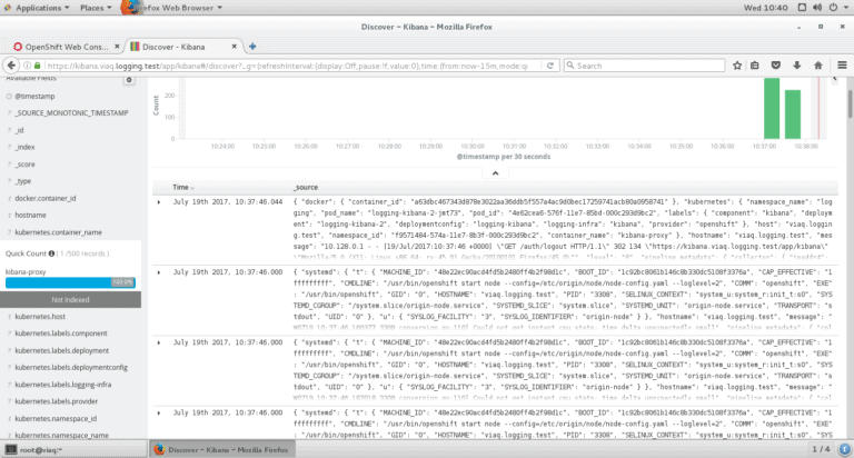 Screenshot of Discover Kibana logging test on OpenShift Origin