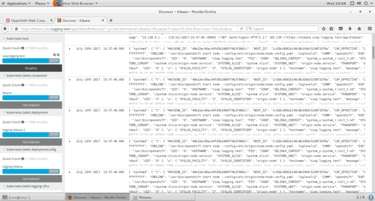 Screenshot of Discover Kibana logging test on OpenShift Origin