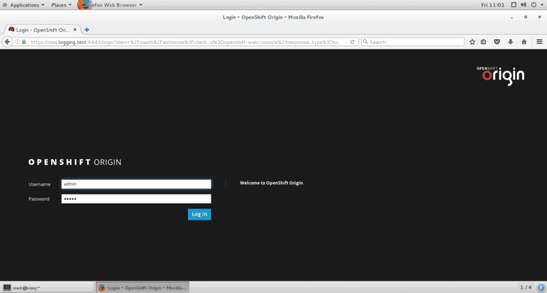 Screenshot of OpenShift Origin log in page