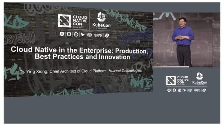 Peixin Hou presenting about Cloud Native in the Enterprise: Production, Best Practices and Innovation in CloudNativeCon + KubeCon Europe 2018 event