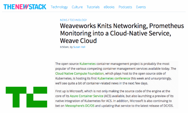 Screenshot of TheNewStack featuring :"Weaveworks knits networking, Prometheus monitoring into a cloud-native service, Weave Cloud"