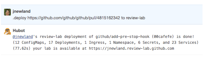 Screenshot of jnewland deploy pull request to review lab on github