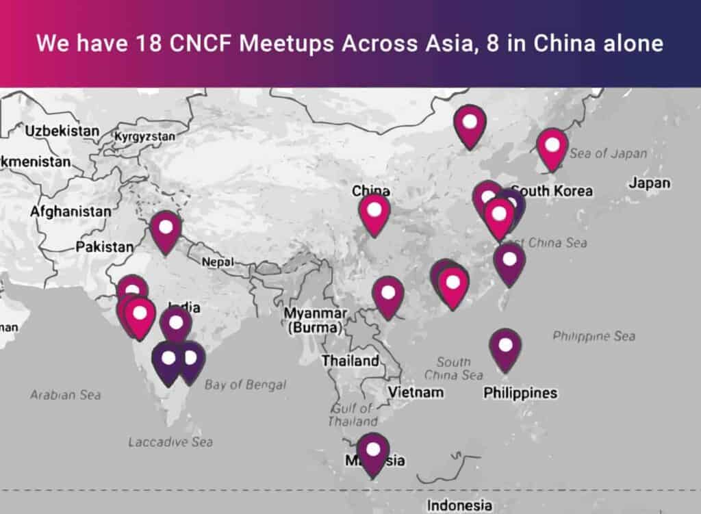 Map showing locations of CNCF Meetups across Asia 