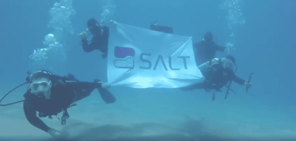 Four scuba divers holding Salt flag underwater