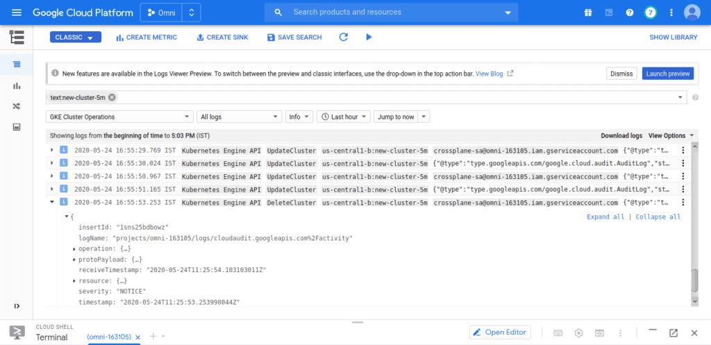 Cluster delete timestamp in Google Cloud Platform