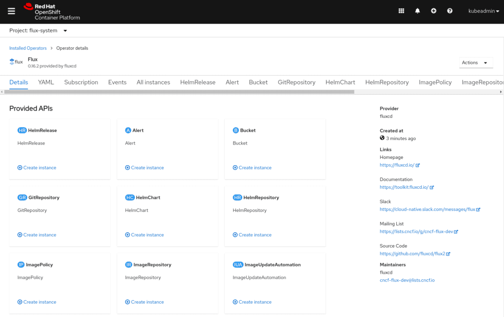 Screenshot of Red Hat OpenShift Container Platform showing Flux operator provided APIs