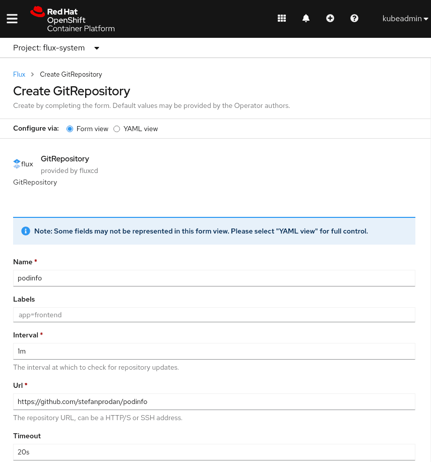 Screenshot of Red Hat OpenShift Container Platform showing Flux operator create GitRepository
