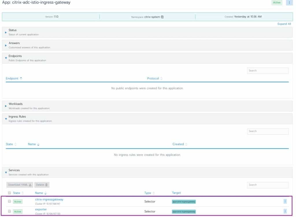 Screenshot of citrix-adc-istio-ingress-gateway, services drop down menu has 2 items: citrix-ingressgateway and exporter