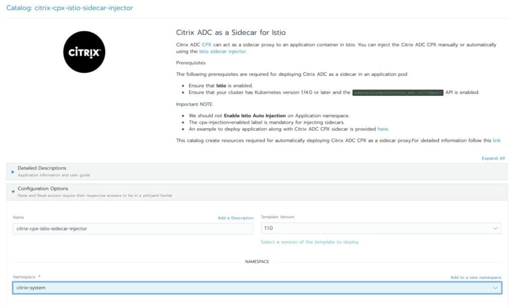Screenshot showing Citrix ADC as a Sidecar for Istio, namespace citrix-system