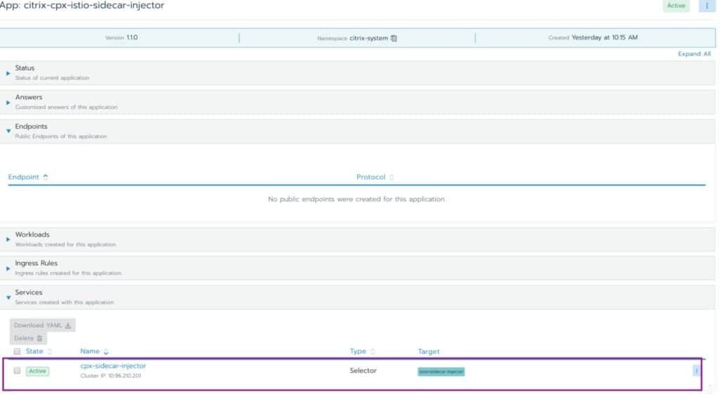 Screenshot of citrix-cpx-istio-sidecar-injector, services drop down menu has 1 item: cpx-sidecar-injector