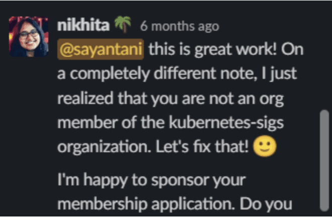 Screenshot showing mention from Nikhita to Sayantani about Sayantani's great work