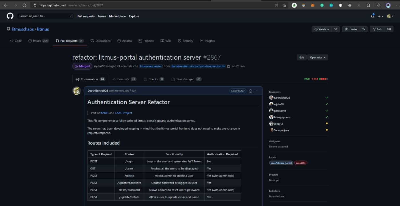 Screenshot showing "refactor: litmus-portal authentication server #2867" on github