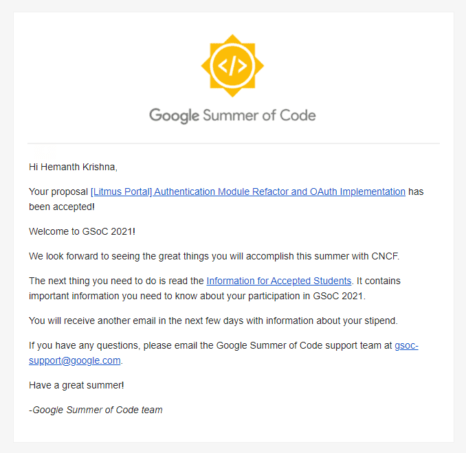 Screenshot showing [Litmus Portal] Authentication Module Refactor and OAuth Implementation proposal has been accepted by Google Summer of Code