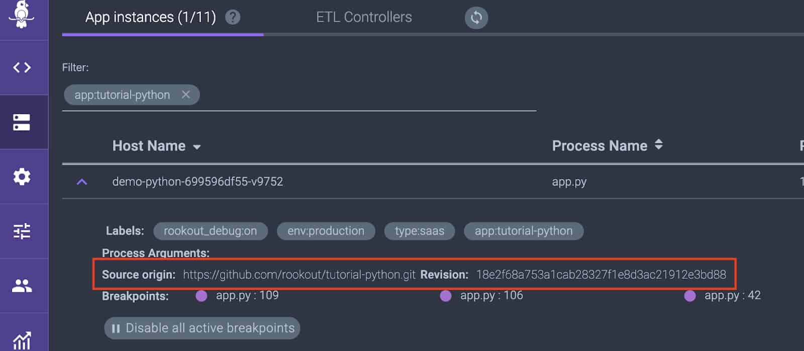 Screenshot of application instances from Rookout showing source origin link