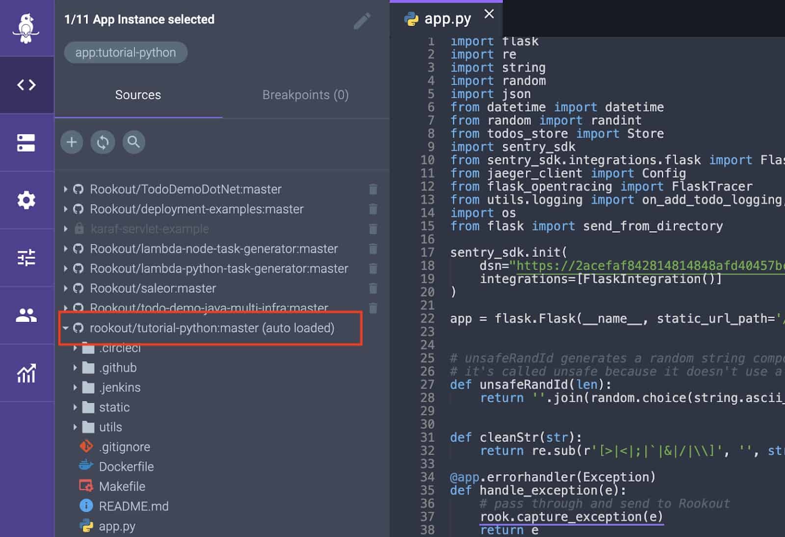 Screenshot of app instance selected on Rookout showing rookout/tutorial-python:master (auto loaded)