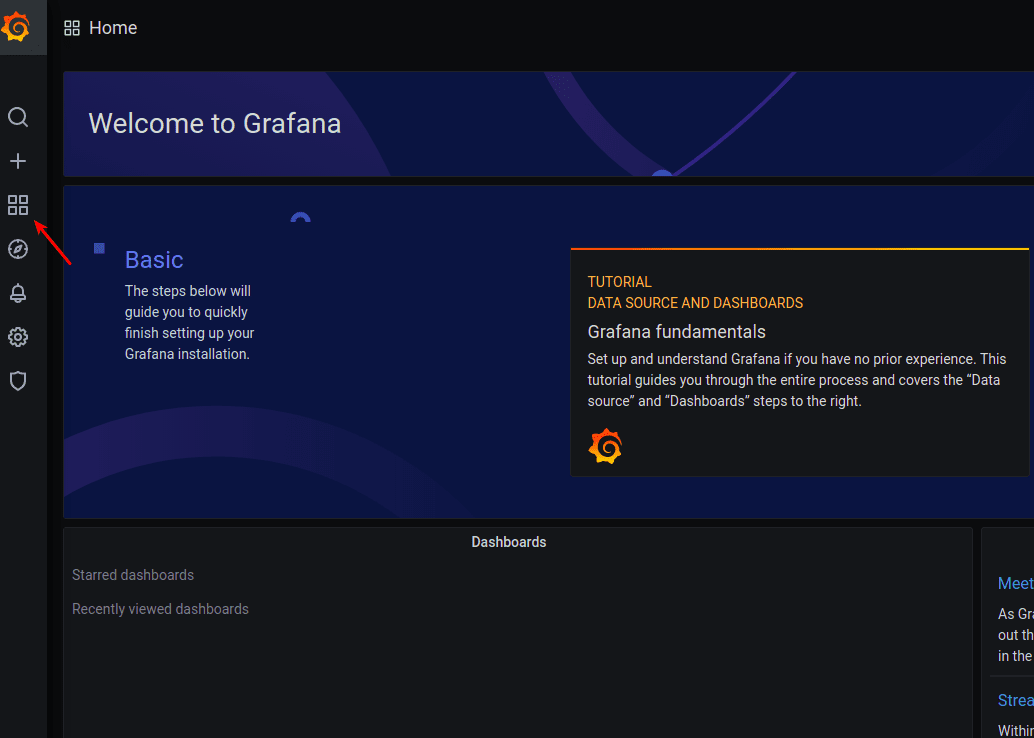 Screenshot of Grafana welcome screen