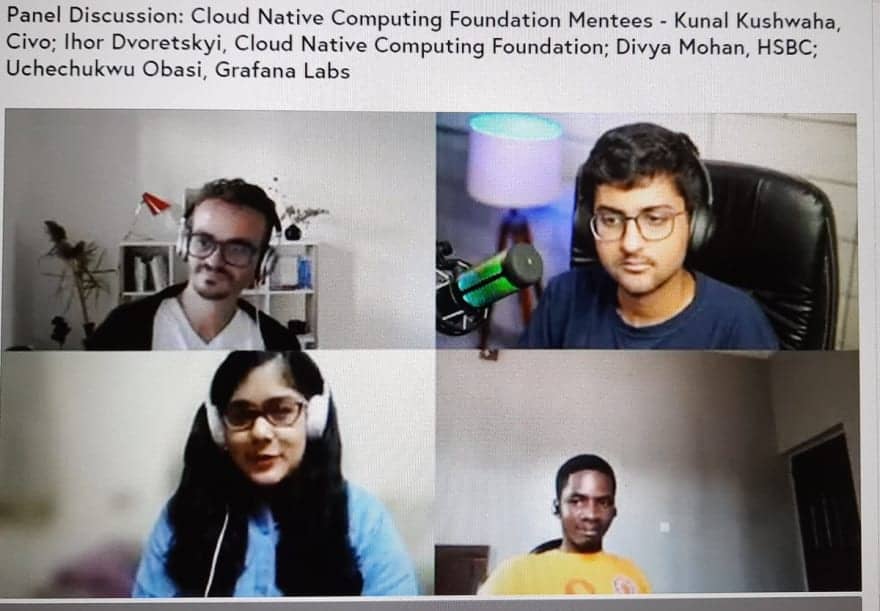 Screenshot showing a video call (panel discussion of Cloud Native Computing Foundation mentees) between three gentlemen and one lady