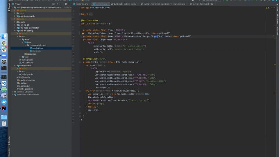 Screenshot code example of OpenTelemetry tracer and meter set up