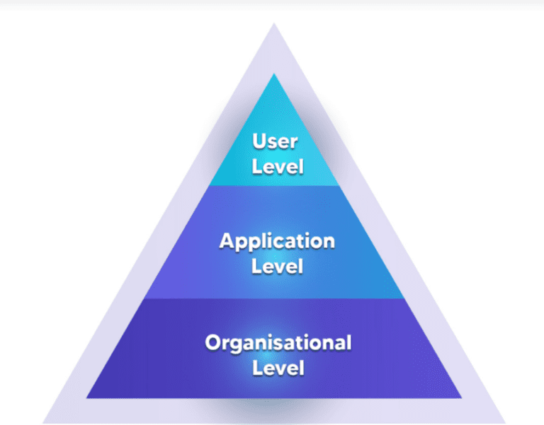 Pyramid diagram shows user level, application level, organisational level (top to bottom)