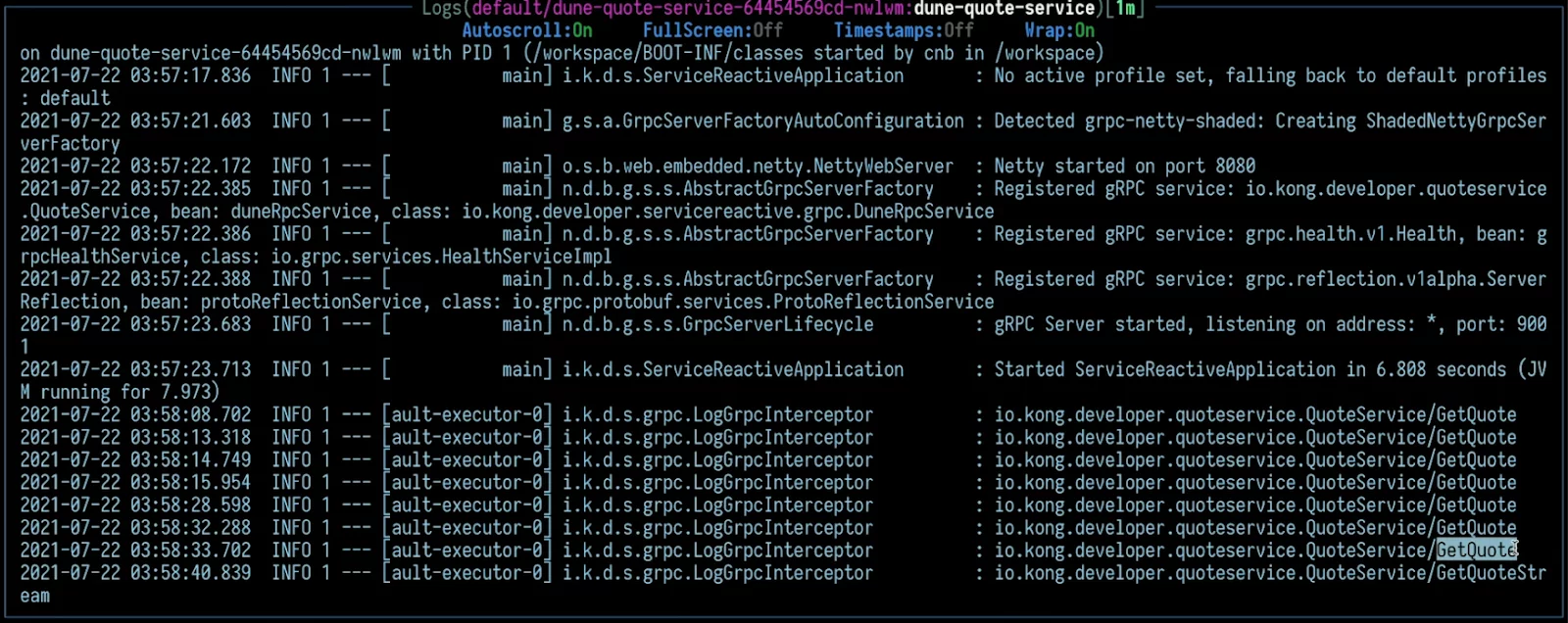 Screenshot of Kubernetes ingress gRPC example service deployed