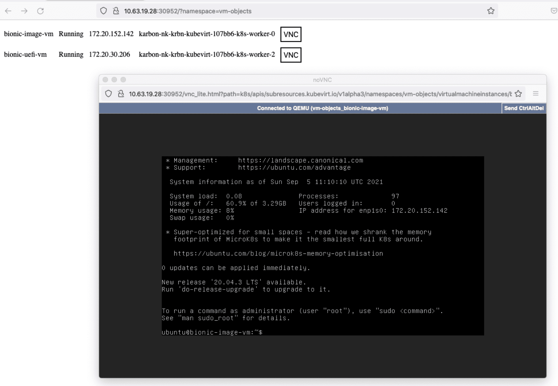 Screenshot of query parameter namespace to access Tthe VNC consoles