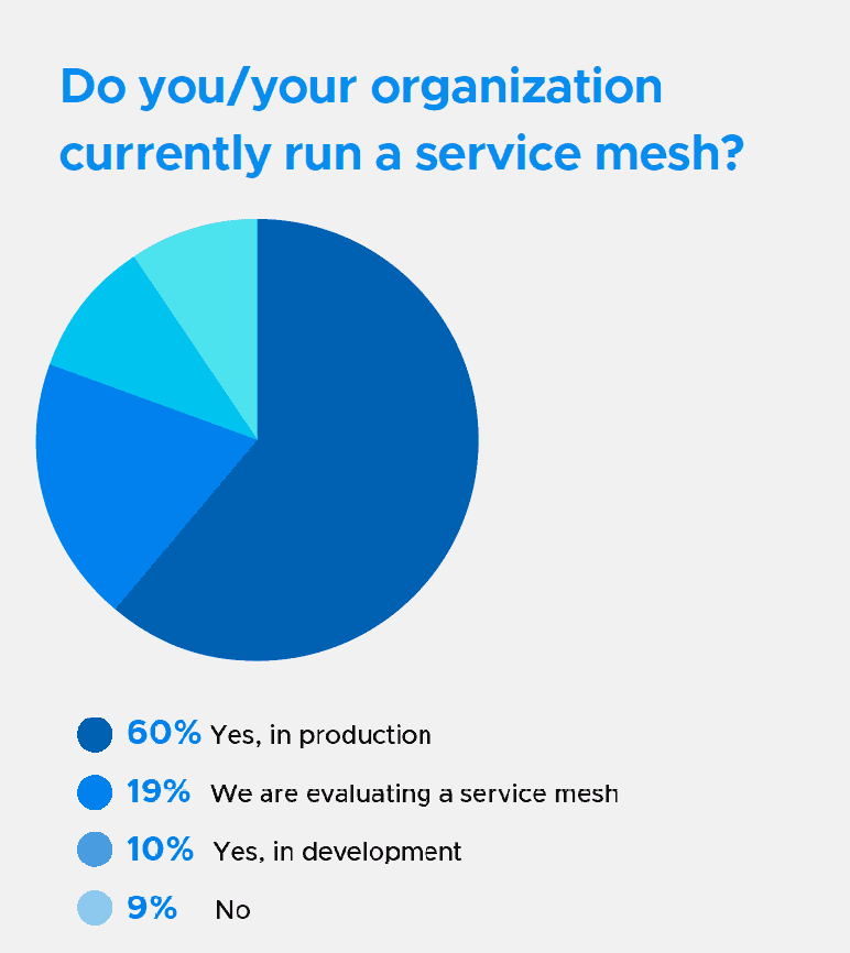Round chart shows use of service mesh in production (60%), development (10%), evaluating (19%)