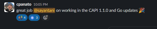 Screenshot showing cpanato mention to sayantani for her great job on working in the CAPI 1.1.0 and Go updates