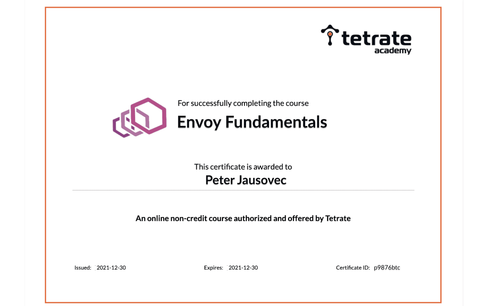 Envoy Fundamental completion certificate awarded to Peter Jausovec