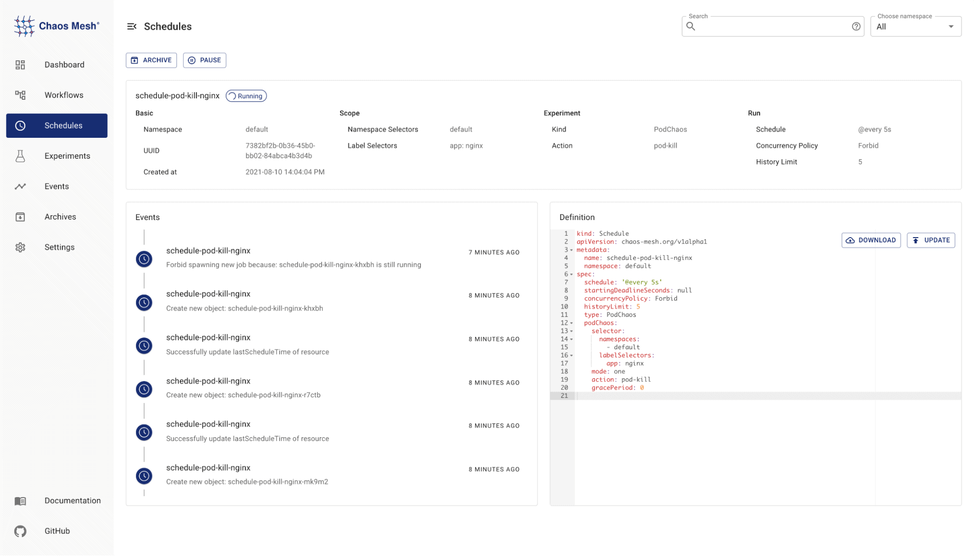 Screenshot of Chaos Mesh schedules menu: periodically execute tasks