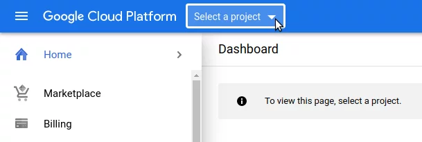 Screenshot of Google Cloud Platform dashboard clicking on "select a project"