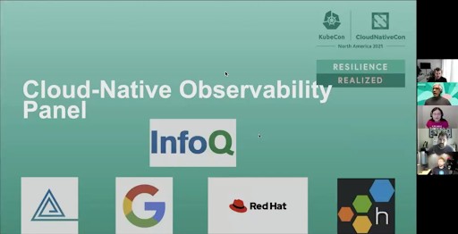 Screenshot showing video chat of four gentlemen and one lady presenting Cloud Native Observability Panel