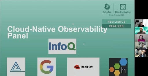 Screenshot showing video chat of four gentlemen and one lady presenting Cloud Native Observability Panel