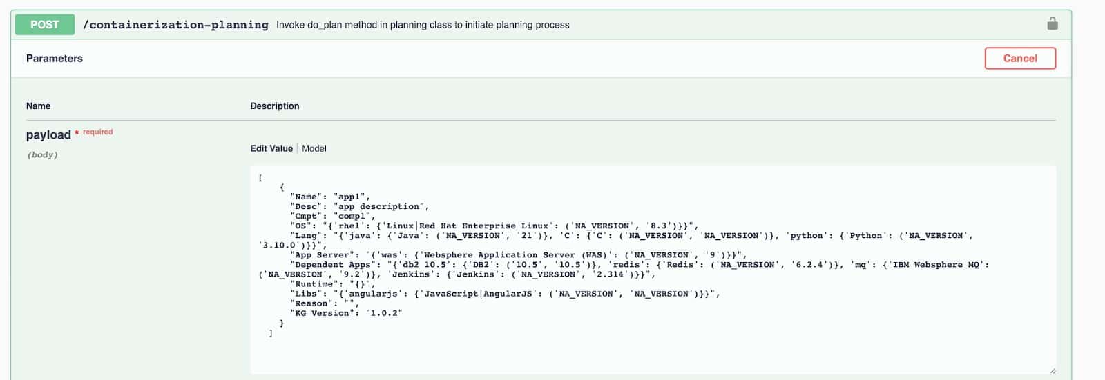 Screenshot showing TCA containerization planning